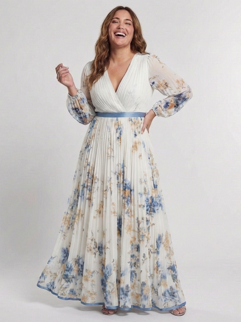 Lavinia | Vestido Maxi Floral de Cuello en V y Manga Larga