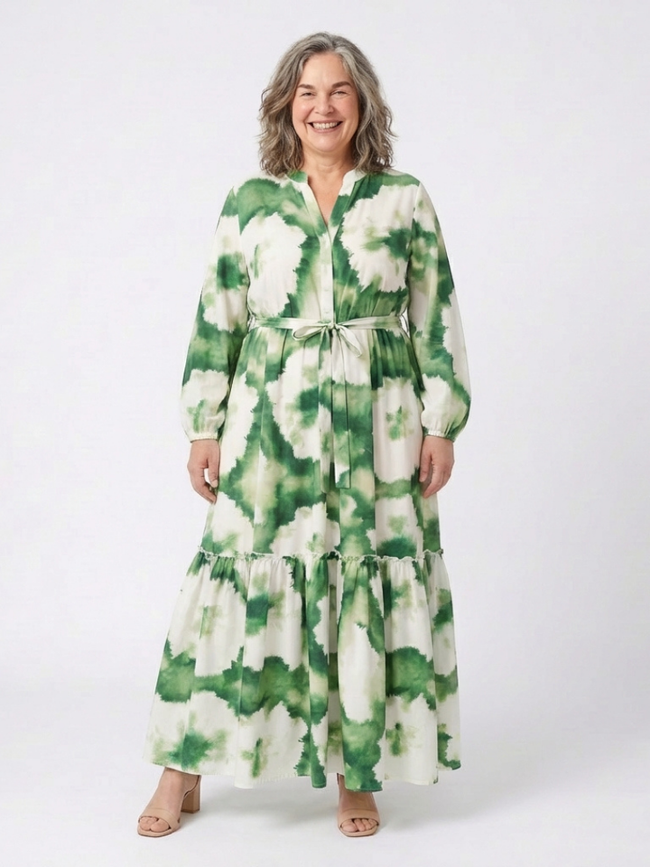 Sabine | Vestido Maxi Escalonado con Cintura Anudada y Manga Larga