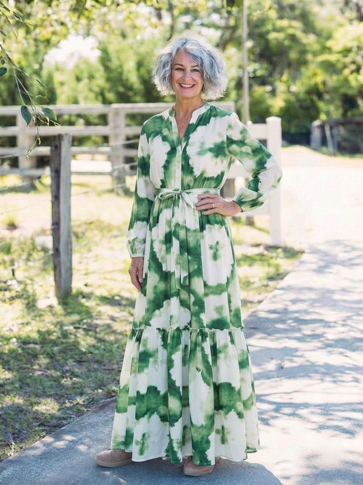 Sabine | Vestido Maxi Escalonado con Cintura Anudada y Manga Larga