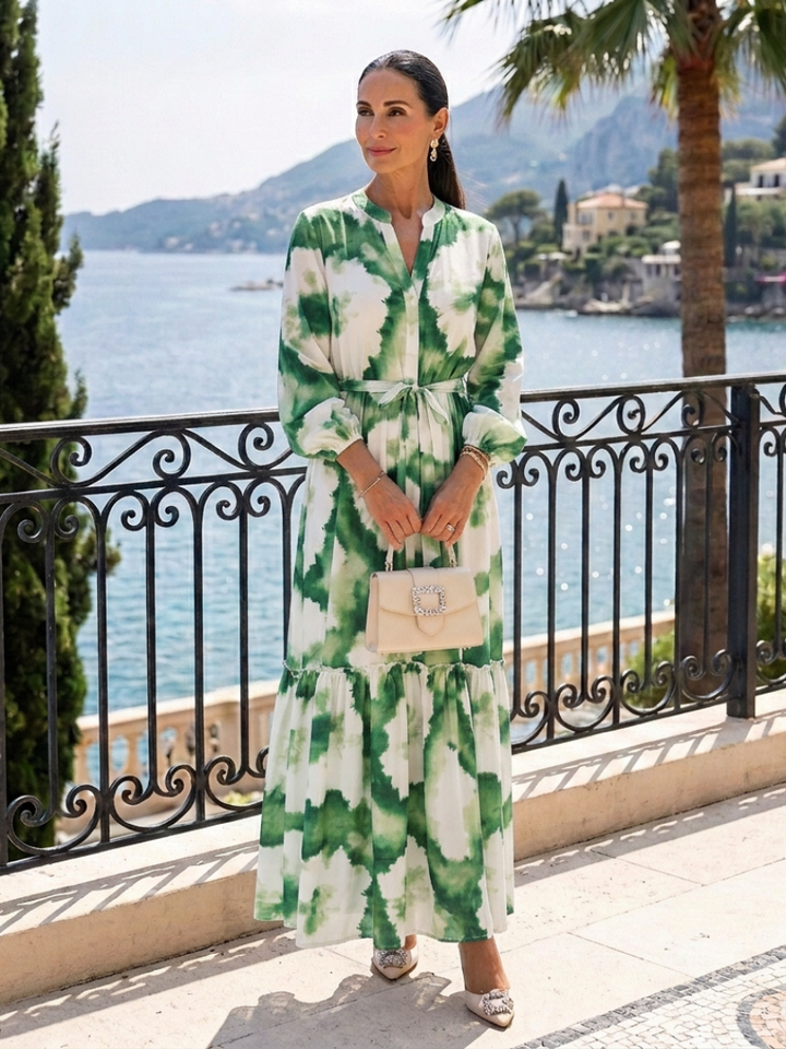Sabine | Vestido Maxi Escalonado con Cintura Anudada y Manga Larga