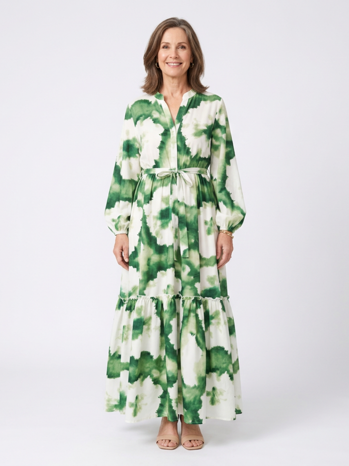 Sabine | Vestido Maxi Escalonado con Cintura Anudada y Manga Larga