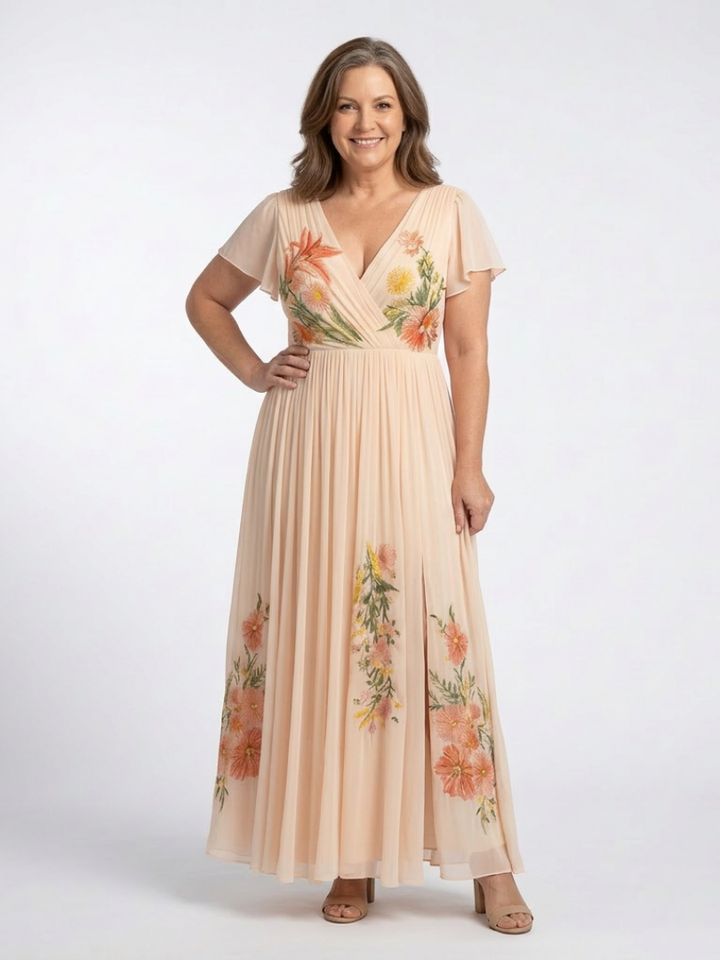 Calista | Vestido Maxi Floral Plisado de Cuello en V y Manga Corta