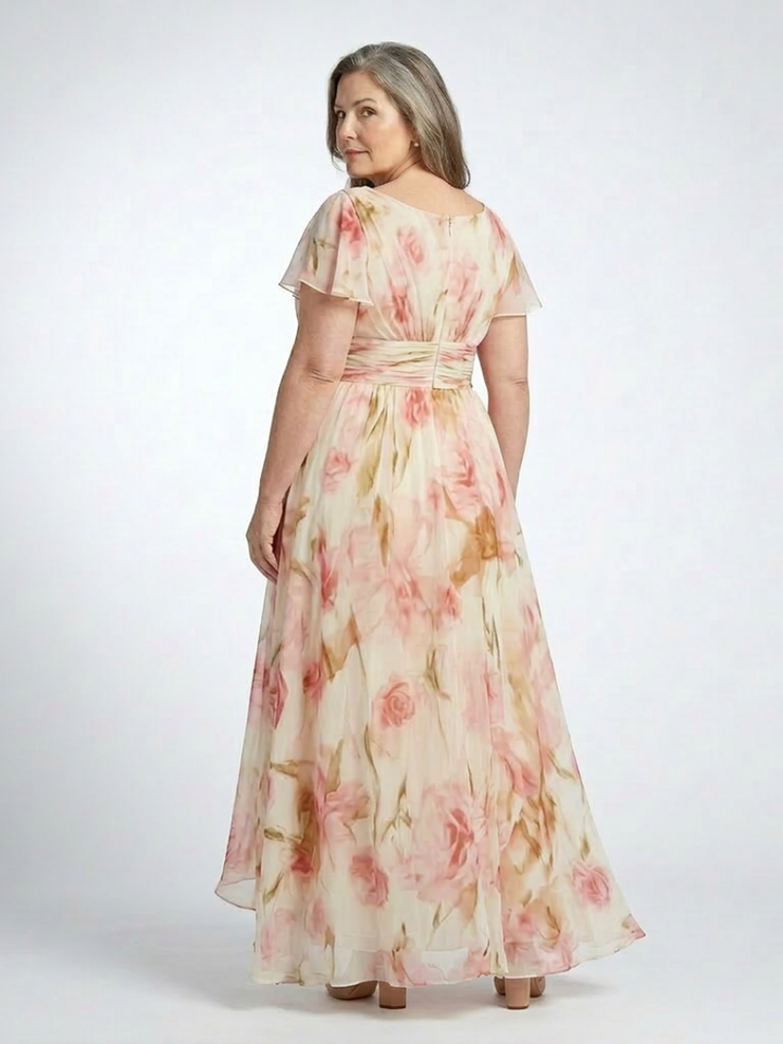 Elara | Vestido Maxi Floral de Cuello en V y Manga Corta