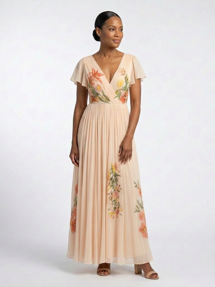 Calista | Vestido Maxi Floral Plisado de Cuello en V y Manga Corta