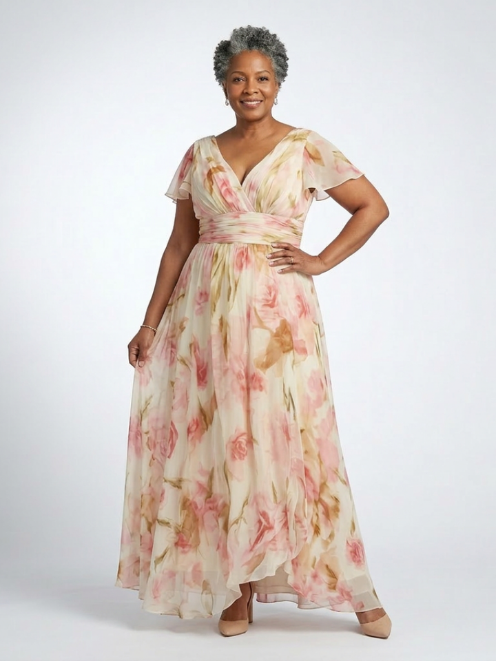 Elara | Vestido Maxi Floral de Cuello en V y Manga Corta