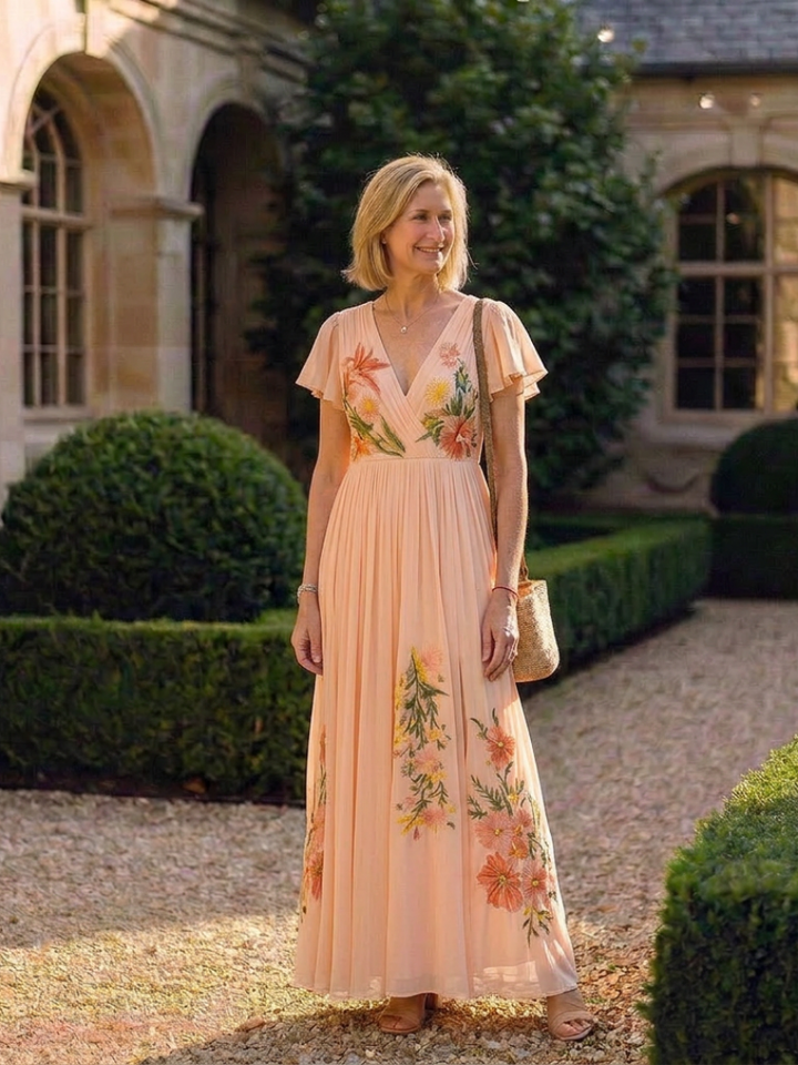 Calista | Vestido Maxi Floral Plisado de Cuello en V y Manga Corta