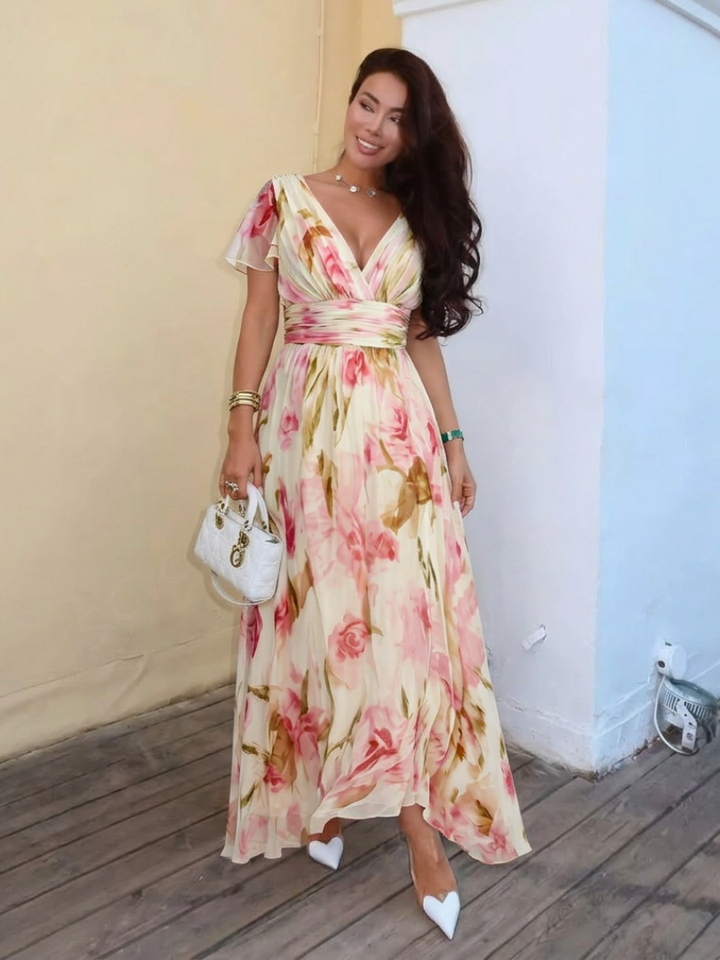 Elara | Vestido Maxi Floral de Cuello en V y Manga Corta