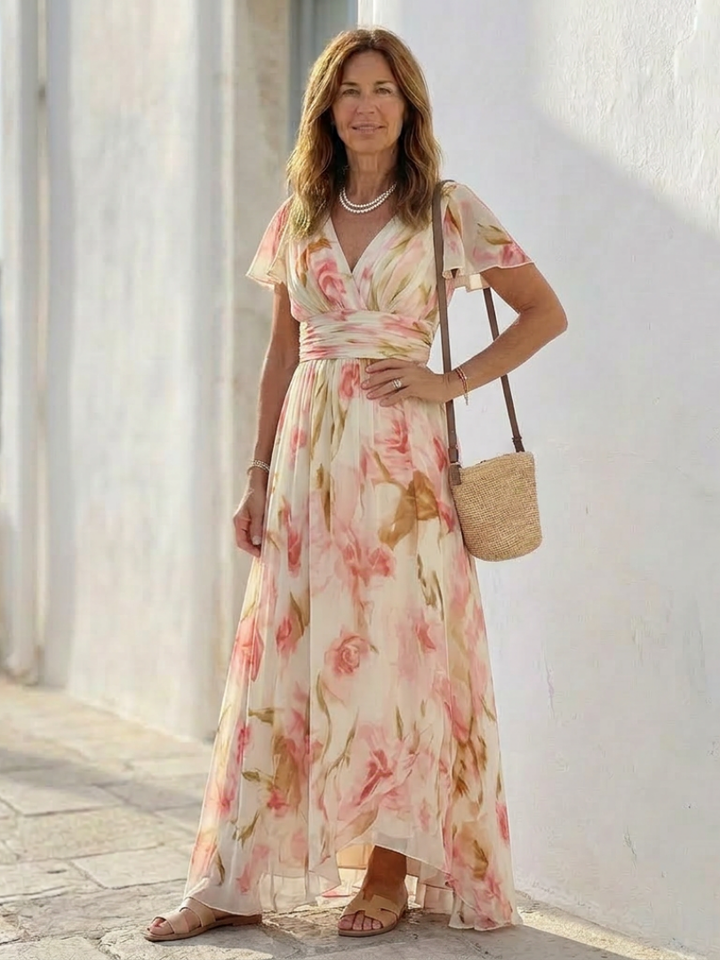 Elara | Vestido Maxi Floral de Cuello en V y Manga Corta