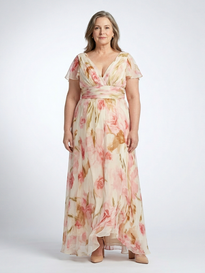 Elara | Vestido Maxi Floral de Cuello en V y Manga Corta
