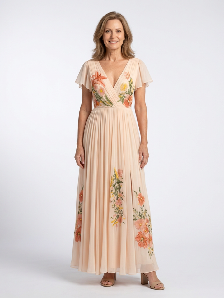 Calista | Vestido Maxi Floral Plisado de Cuello en V y Manga Corta