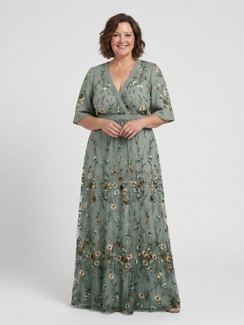 Evadne | Vestido Maxi Floral de Cuello en V y Manga Corta
