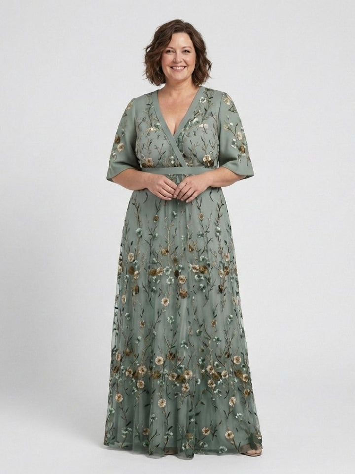Evadne | Vestido Maxi Floral de Cuello en V y Manga Corta