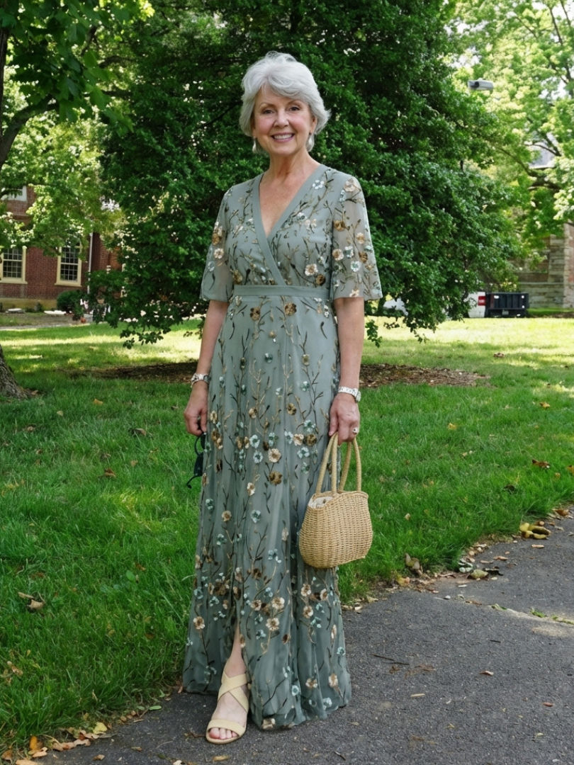 Evadne | Vestido Maxi Floral de Cuello en V y Manga Corta