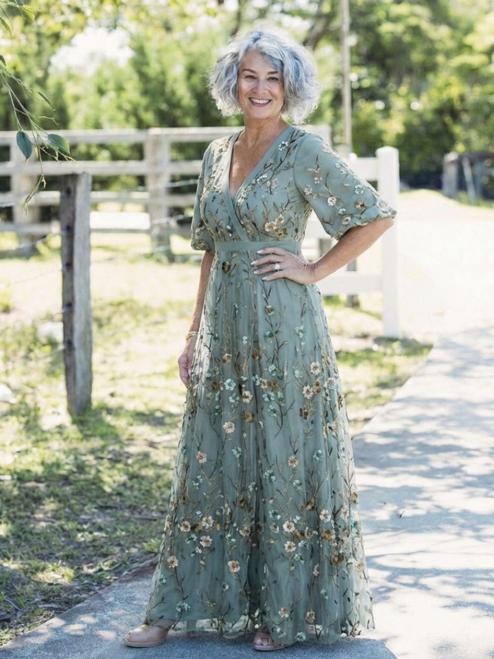 Evadne | Vestido Maxi Floral de Cuello en V y Manga Corta