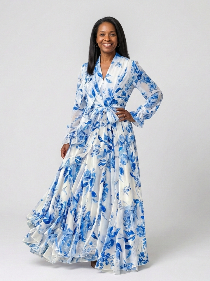 Lillian | Vestido Maxi Cruzado Floral de Manga Larga