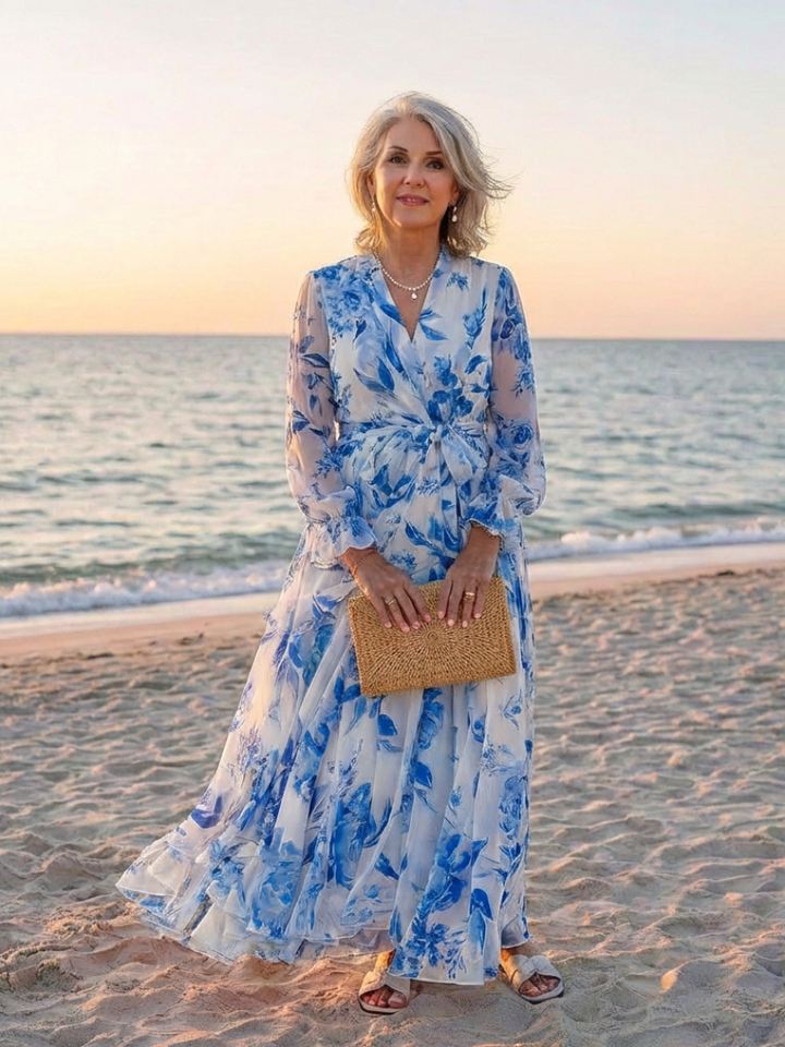 Lillian | Vestido Maxi Cruzado Floral de Manga Larga