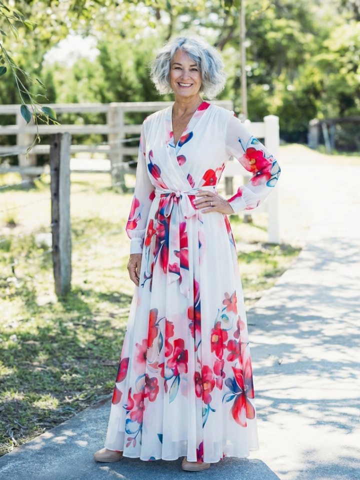 Lillian | Vestido Maxi Cruzado Floral de Manga Larga