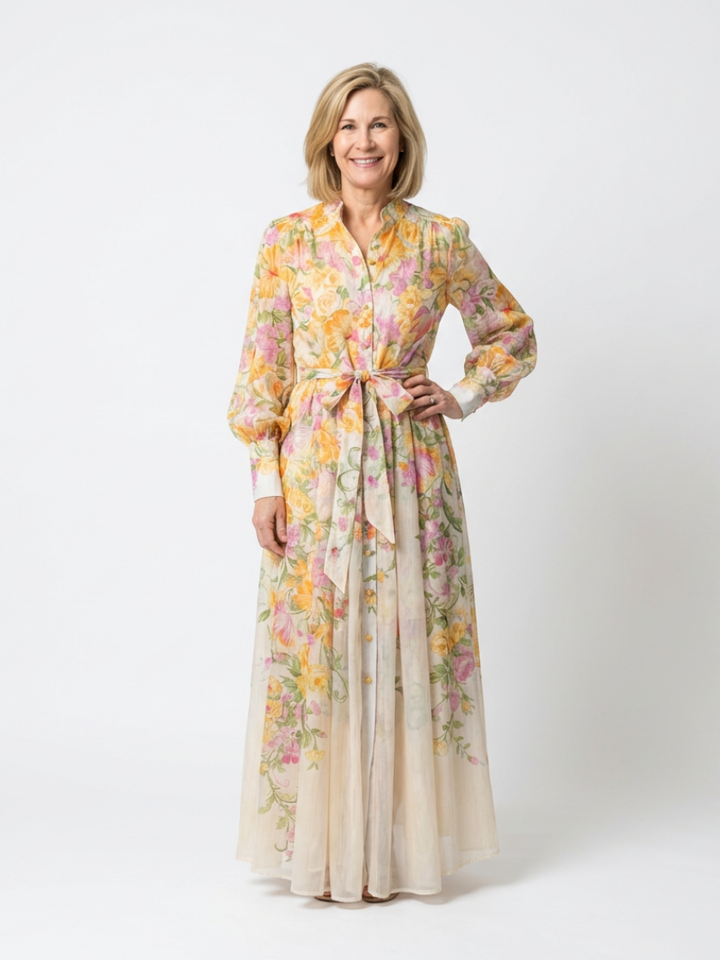 Cressida | Vestido Maxi Floral Semitransparente de Manga Larga