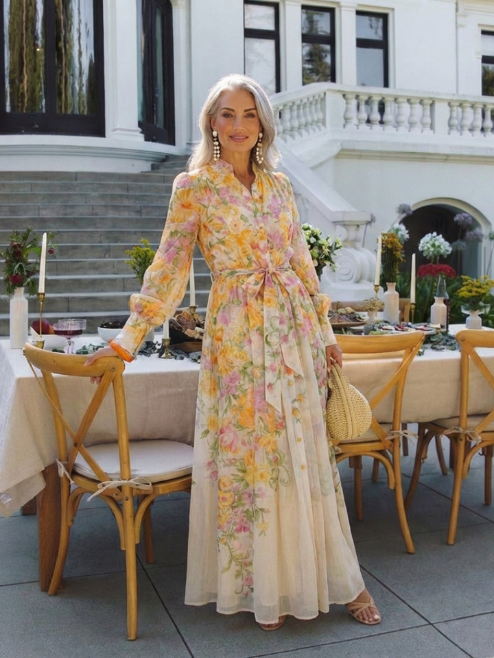 Cressida | Vestido Maxi Floral Semitransparente de Manga Larga
